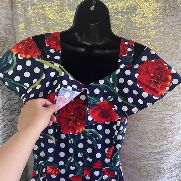 Vintage🧚‍♀️House Of Chihera Floaty Sleeve Polka Dot Rose Print Dress SizeM - Picture 10 of 14